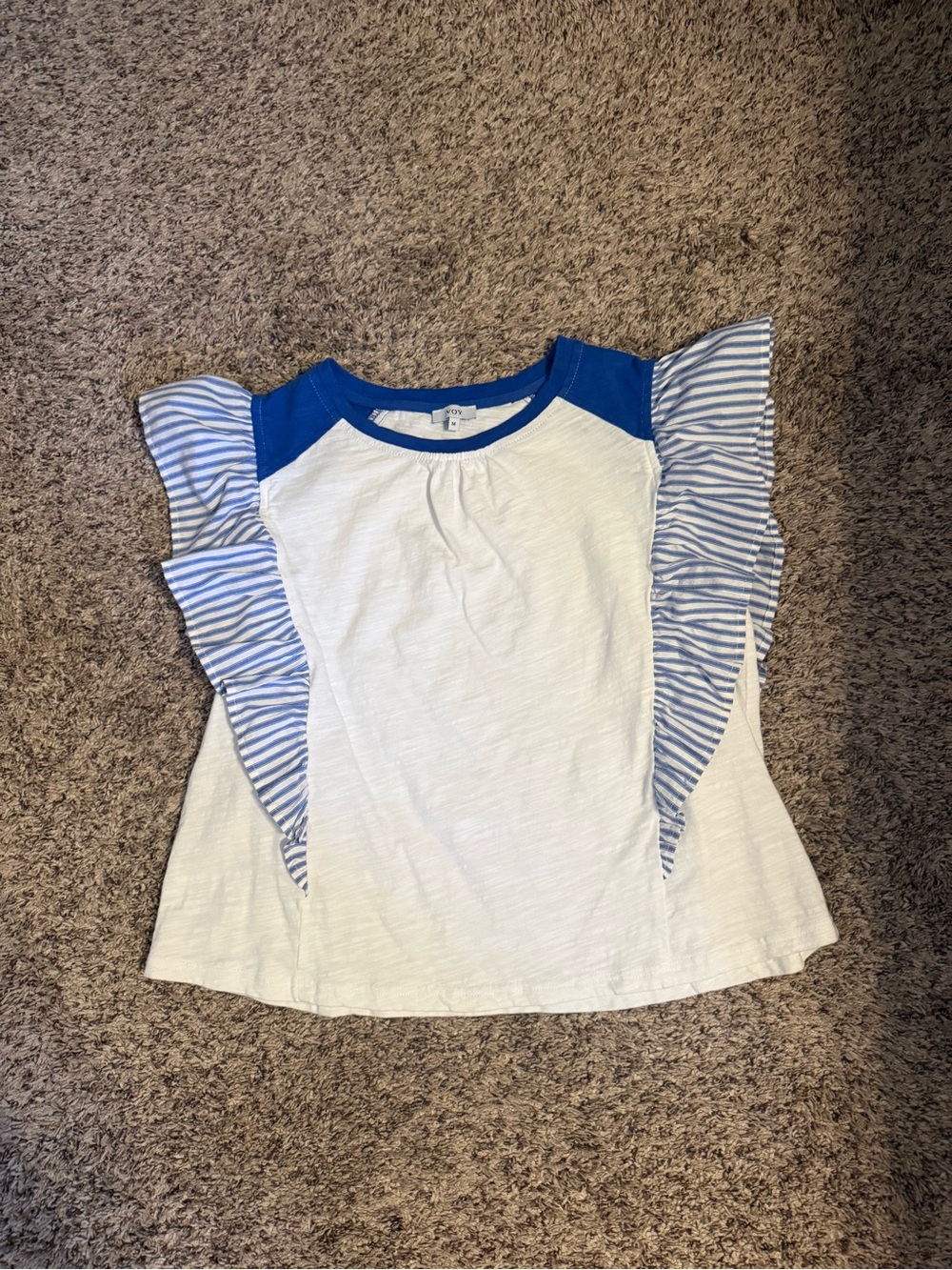 Voy Womens White Tee with Blue Stripe Ruffle Sleeves